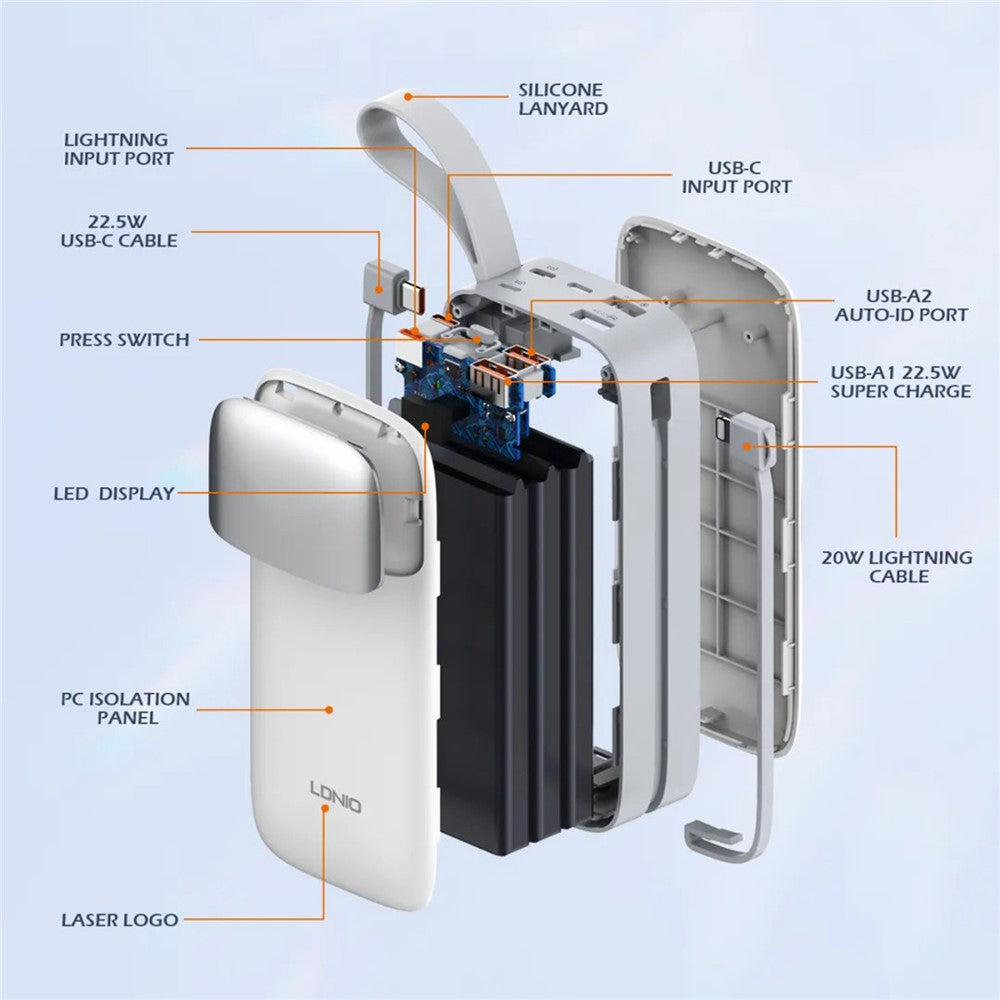 LDNIO PQ30 30000mAh Power Bank with Built-in Type-C + iP (5-14) Cable 22.5W Fast Charging LED Display Charger