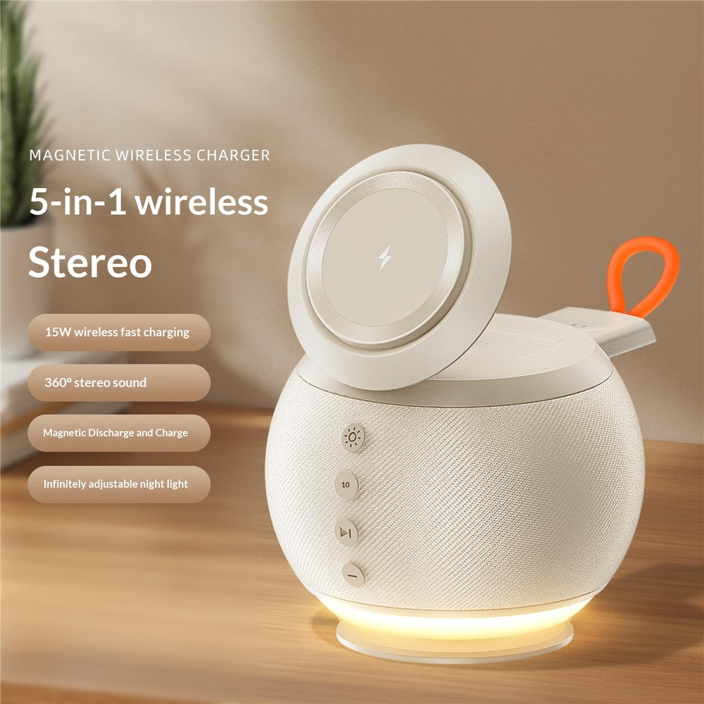 HT-572 5-i-1 15W magnetisk trådløs oplader med Bluetooth-kompatibel højttaler og natlys-opladningsstander