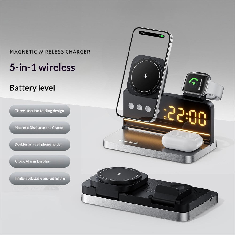 HT-568 3-i-1 trådlös laddningsstation 15W magnetisk snabbladdningsstation klocka skrivbordslampa för iPhone Watch AirPods