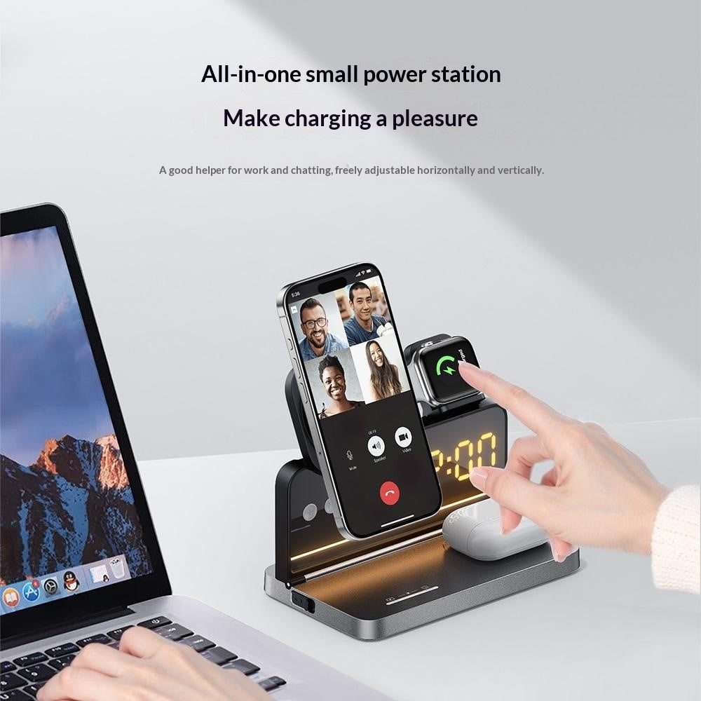 HT-568 3-i-1 trådlös laddningsstation 15W magnetisk snabbladdningsstation klocka skrivbordslampa för iPhone Watch AirPods
