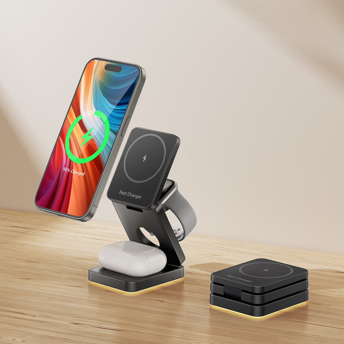 HT-552 Foldable Magnetic 15W Wireless Charger 3-in-1 Touch Night Light for Phone, Watch, Earbuds