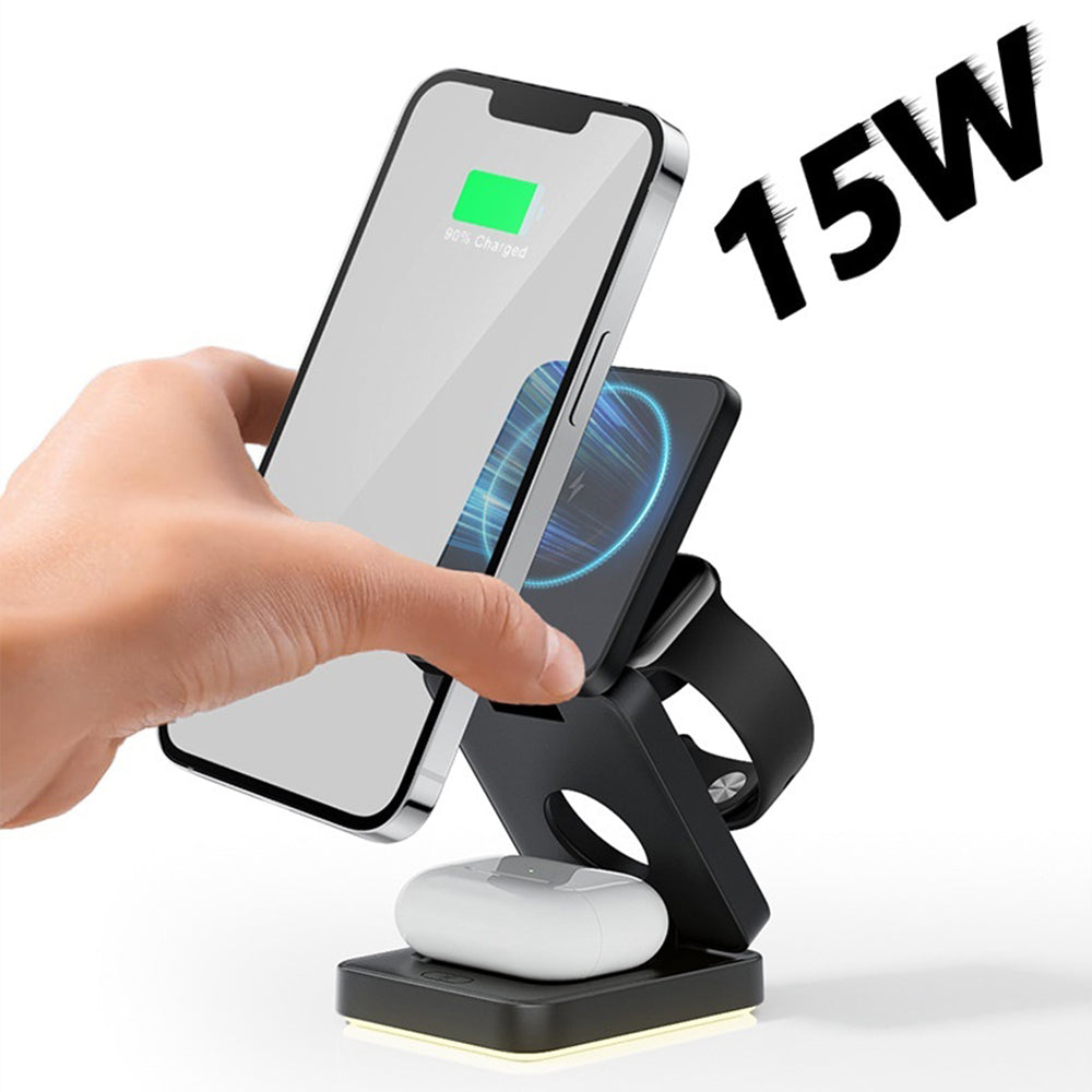 HT-552 Foldable Magnetic 15W Wireless Charger 3 in 1 Touch Night Light for Phone Watch Earbuds