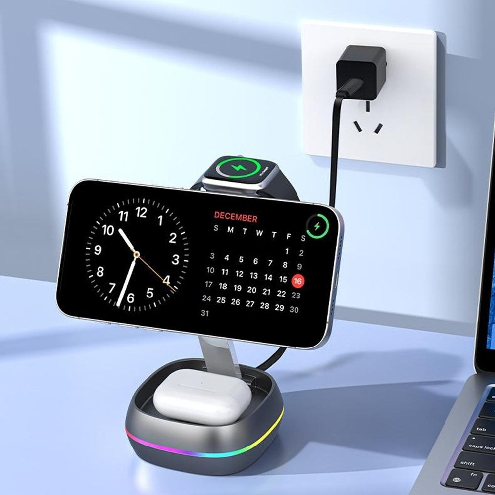 3-i-1 15W Magnetisk Opladningsstation Sammenklappelig Opladerstander til Telefon, Ur, Høretelefoner med Type-C-kabel
