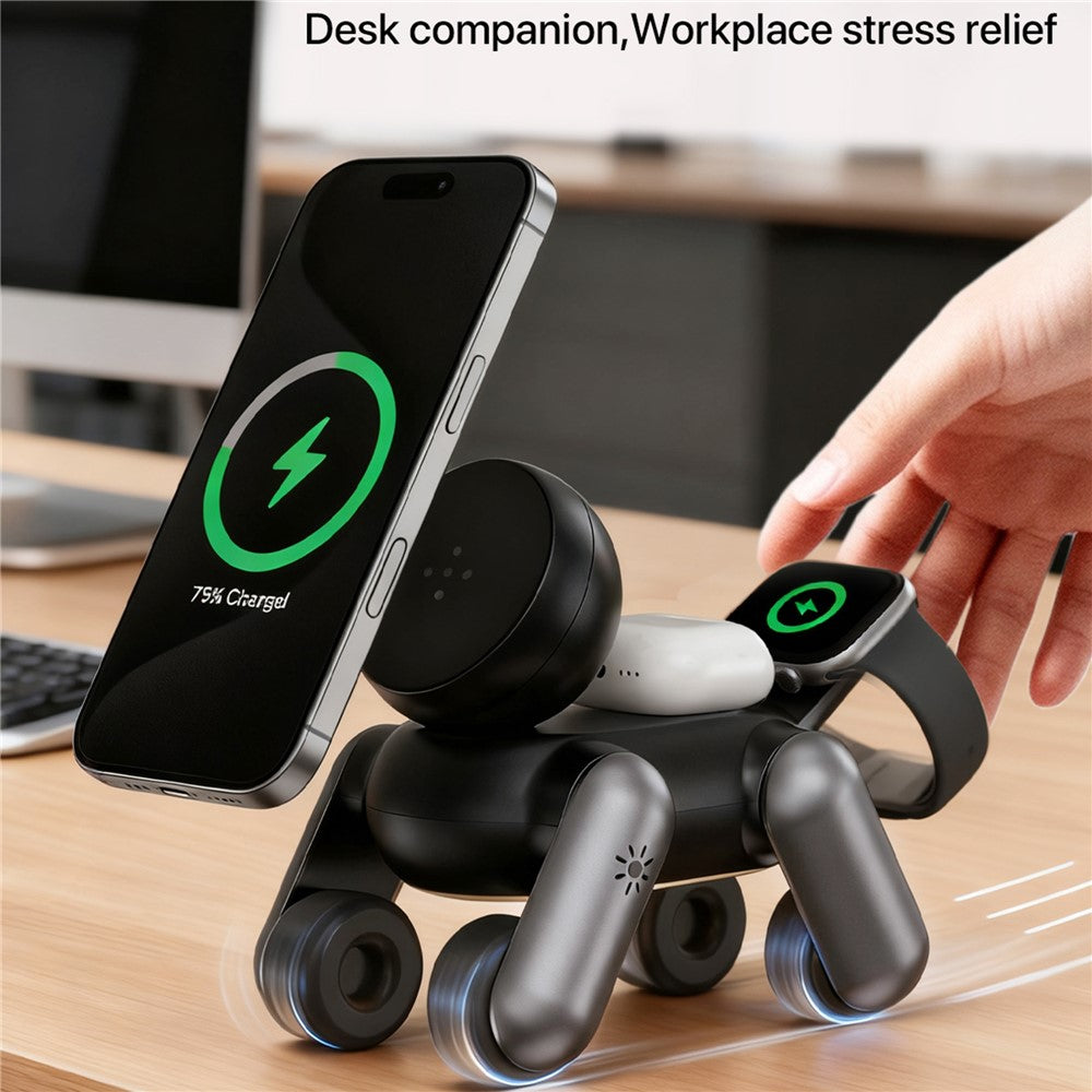 D6 3-in-1 Robot Dog Wireless Charging Station with Touch Night Light 15W Magnetic Charger for iPhone / AirPods / Apple Watch