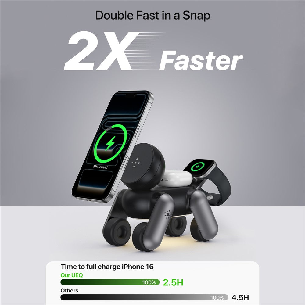 D6 3-in-1 Robot Dog Wireless Charging Station with Touch Night Light 15W Magnetic Charger for iPhone / AirPods / Apple Watch