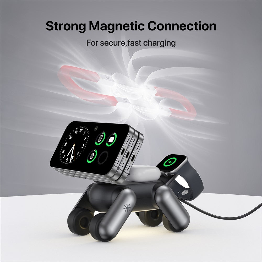 D6 3-in-1 Robot Dog Wireless Charging Station with Touch Night Light 15W Magnetic Charger for iPhone / AirPods / Apple Watch