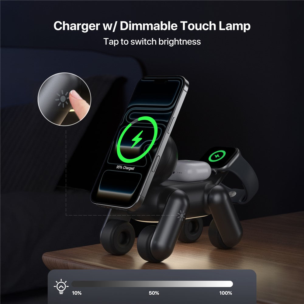 D6 3-in-1 Robot Dog Wireless Charging Station with Touch Night Light 15W Magnetic Charger for iPhone / AirPods / Apple Watch