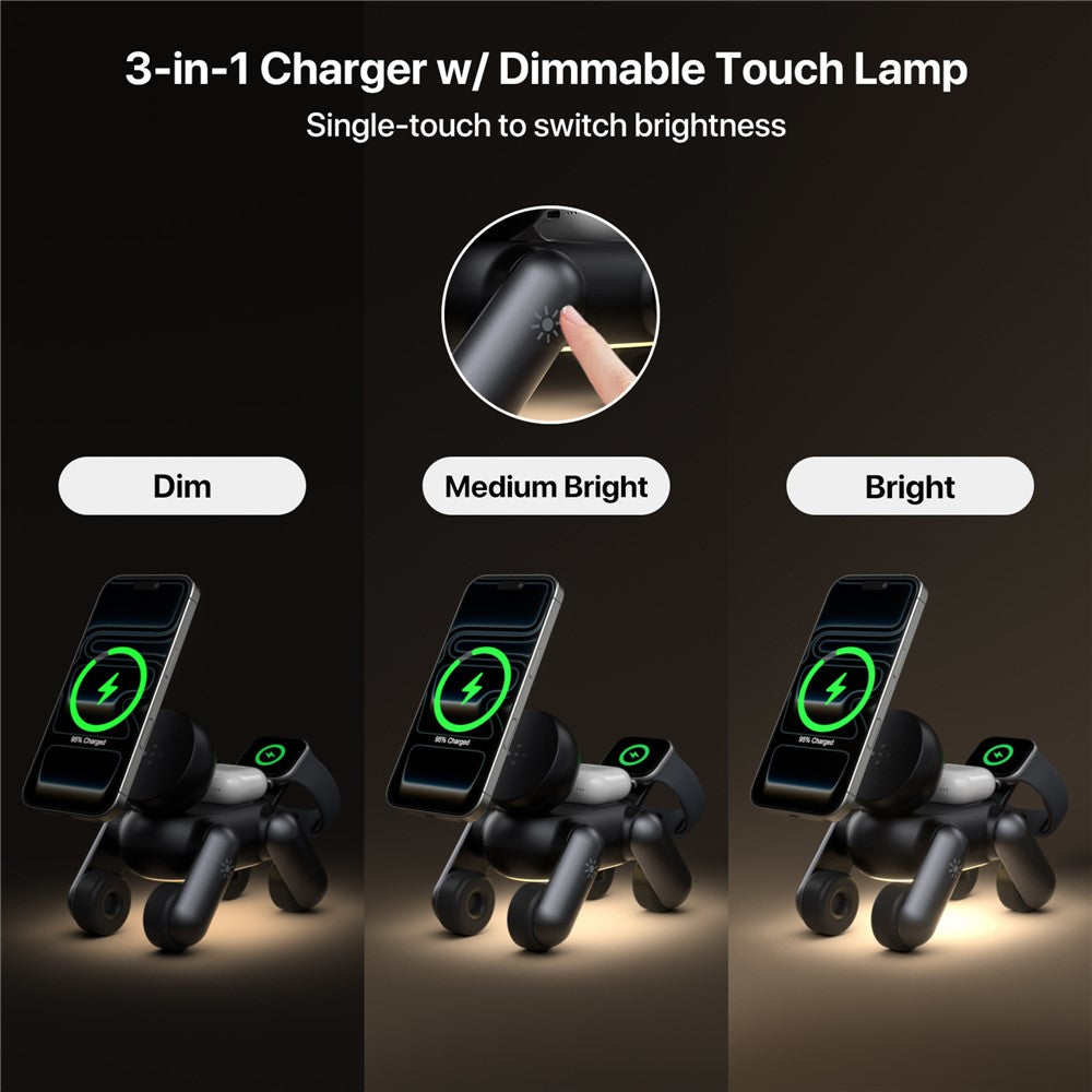 D6 3-in-1 Robot Dog Wireless Charging Station with Touch Night Light 15W Magnetic Charger for iPhone / AirPods / Apple Watch
