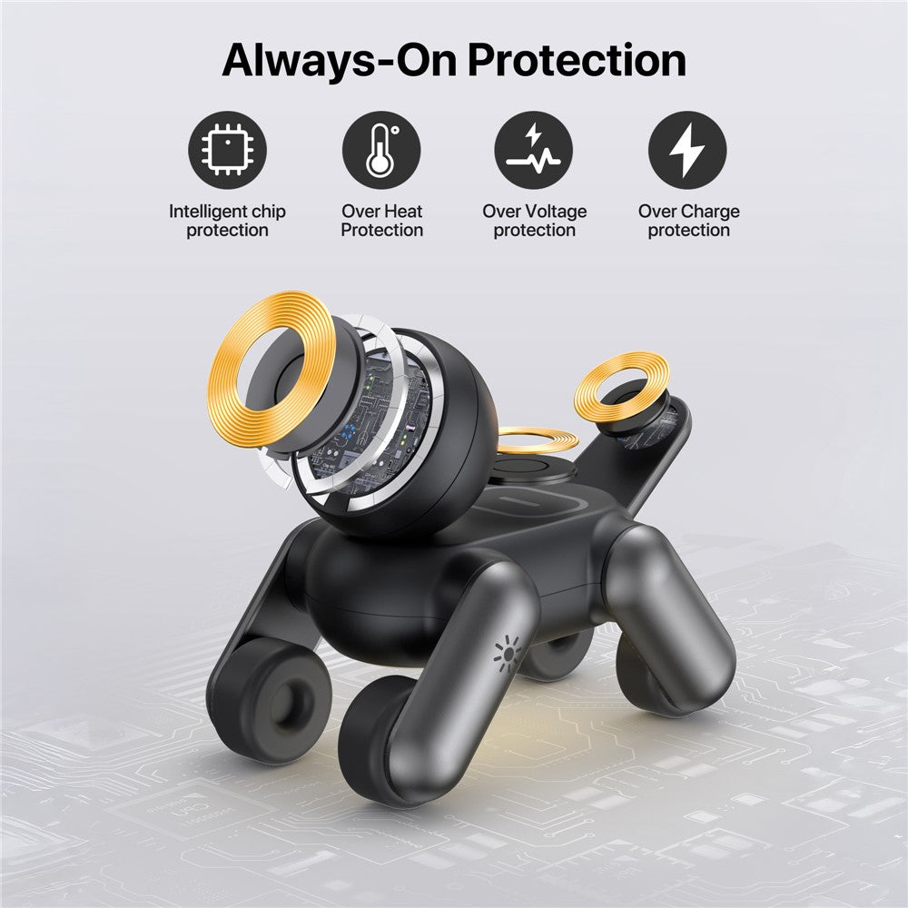 D6 3-in-1 Robot Dog Wireless Charging Station with Touch Night Light 15W Magnetic Charger for iPhone / AirPods / Apple Watch