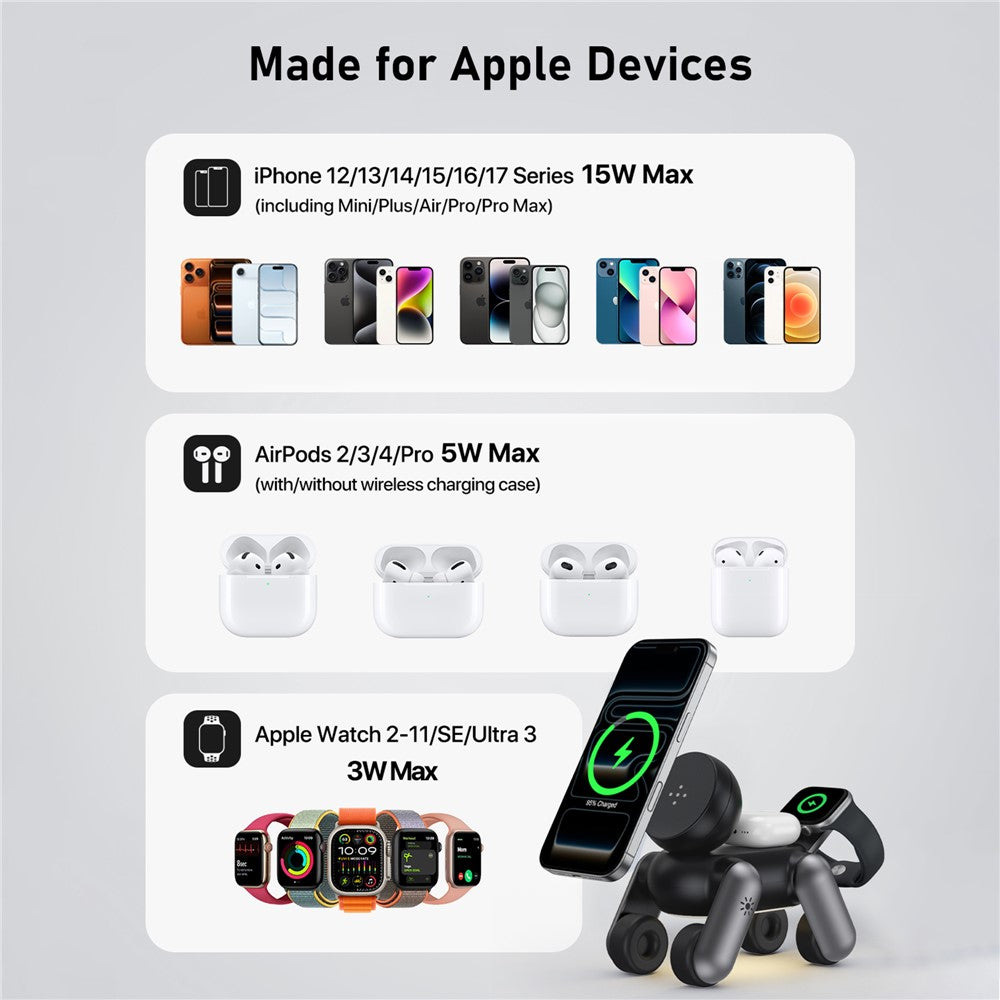 D6 3-in-1 Robot Dog Wireless Charging Station with Touch Night Light 15W Magnetic Charger for iPhone / AirPods / Apple Watch