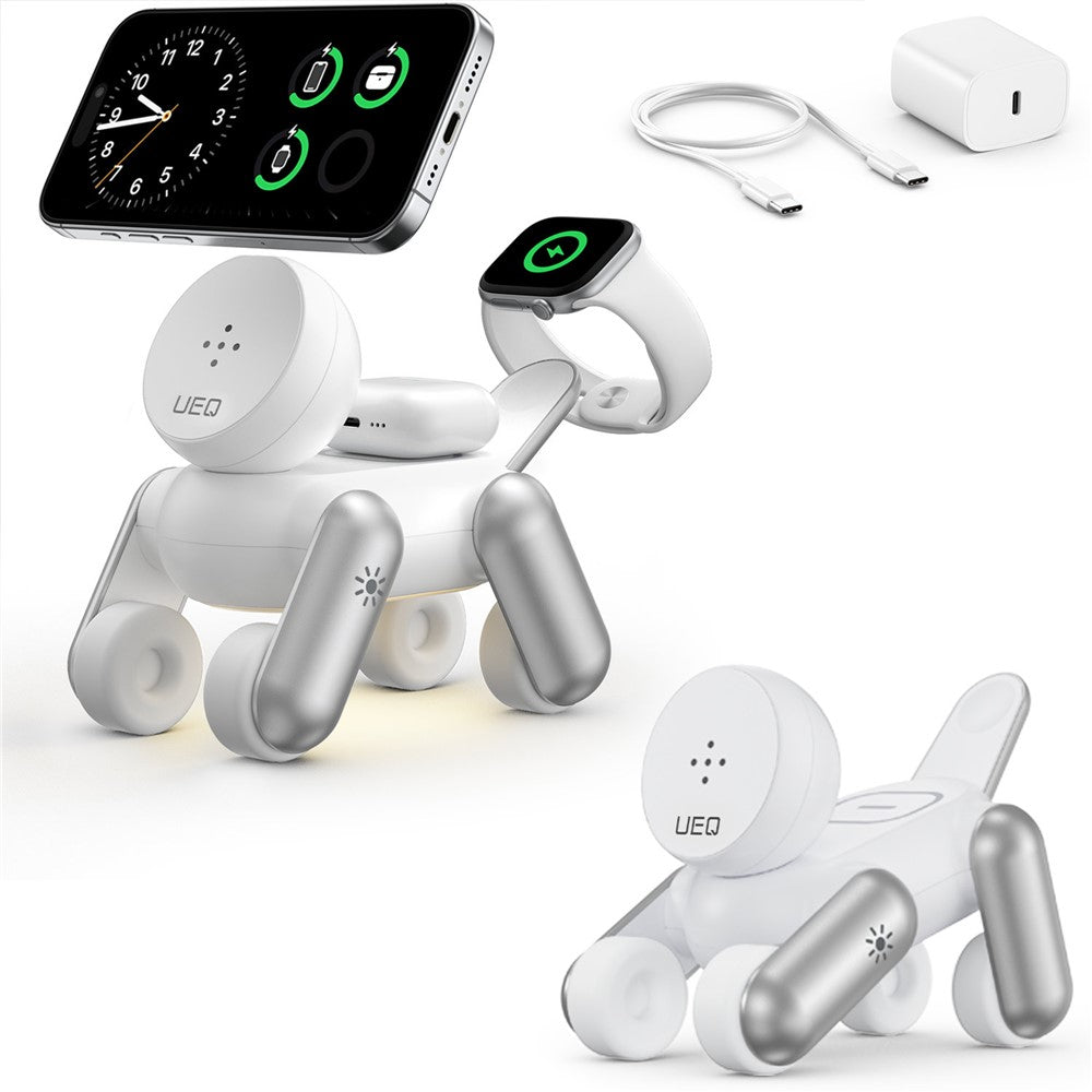 D6 3-in-1 Robot Dog Wireless Charging Station with Touch Night Light 15W Magnetic Charger for iPhone / AirPods / Apple Watch