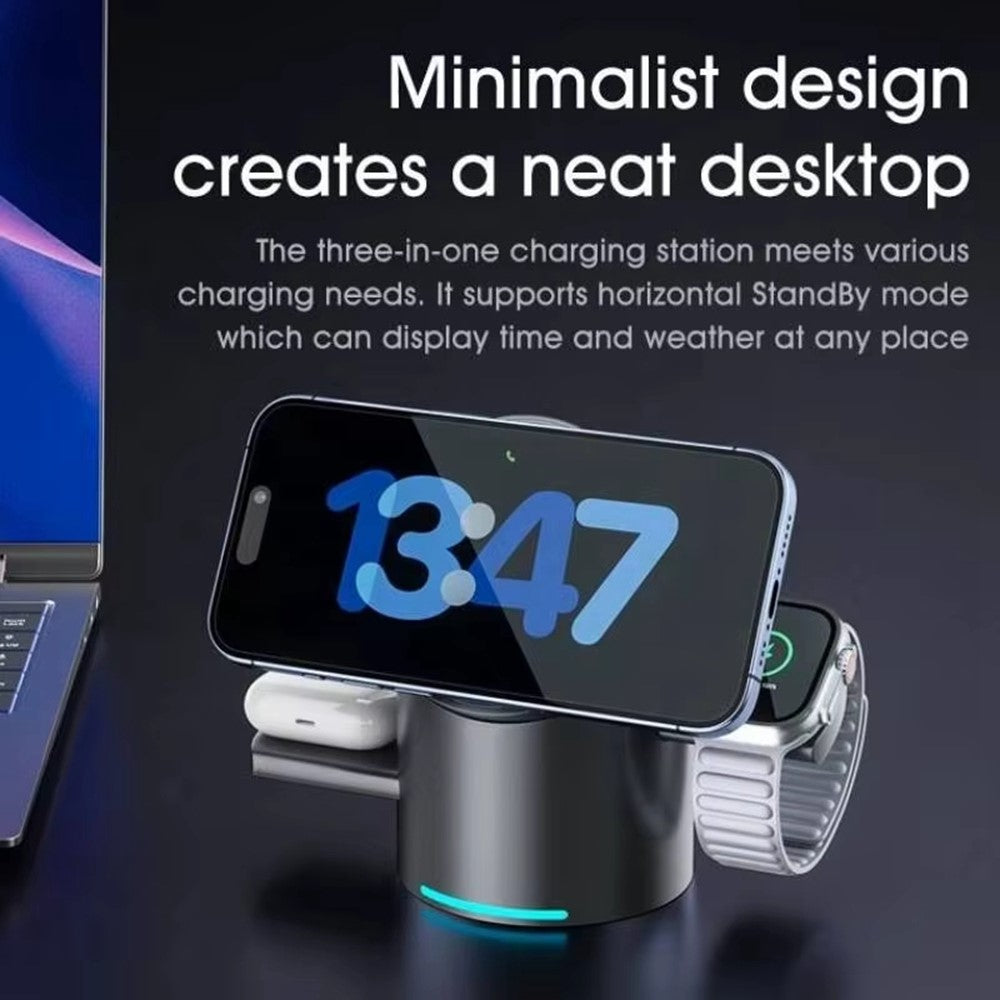 CBT-10 Qi2 15W Magnetic Charging Station 3 in 1 Wireless Charger Auto Rotating for iPhone / AirPods / Apple Watch