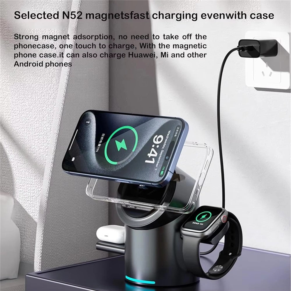CBT-10 Qi2 15W Magnetic Charging Station 3 in 1 Wireless Charger Auto Rotating for iPhone / AirPods / Apple Watch