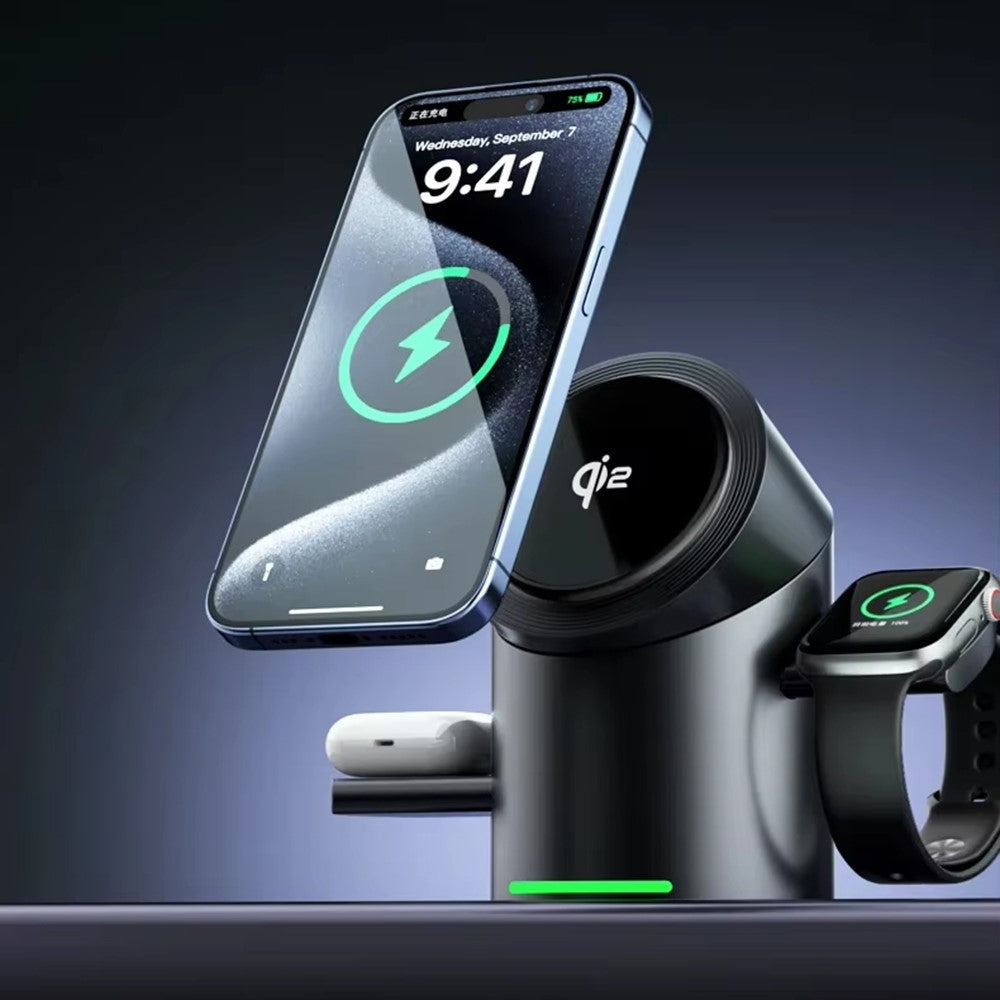 CBT-10 Qi2 15W Magnetic Charging Station 3 in 1 Wireless Charger Auto Rotating for iPhone / AirPods / Apple Watch