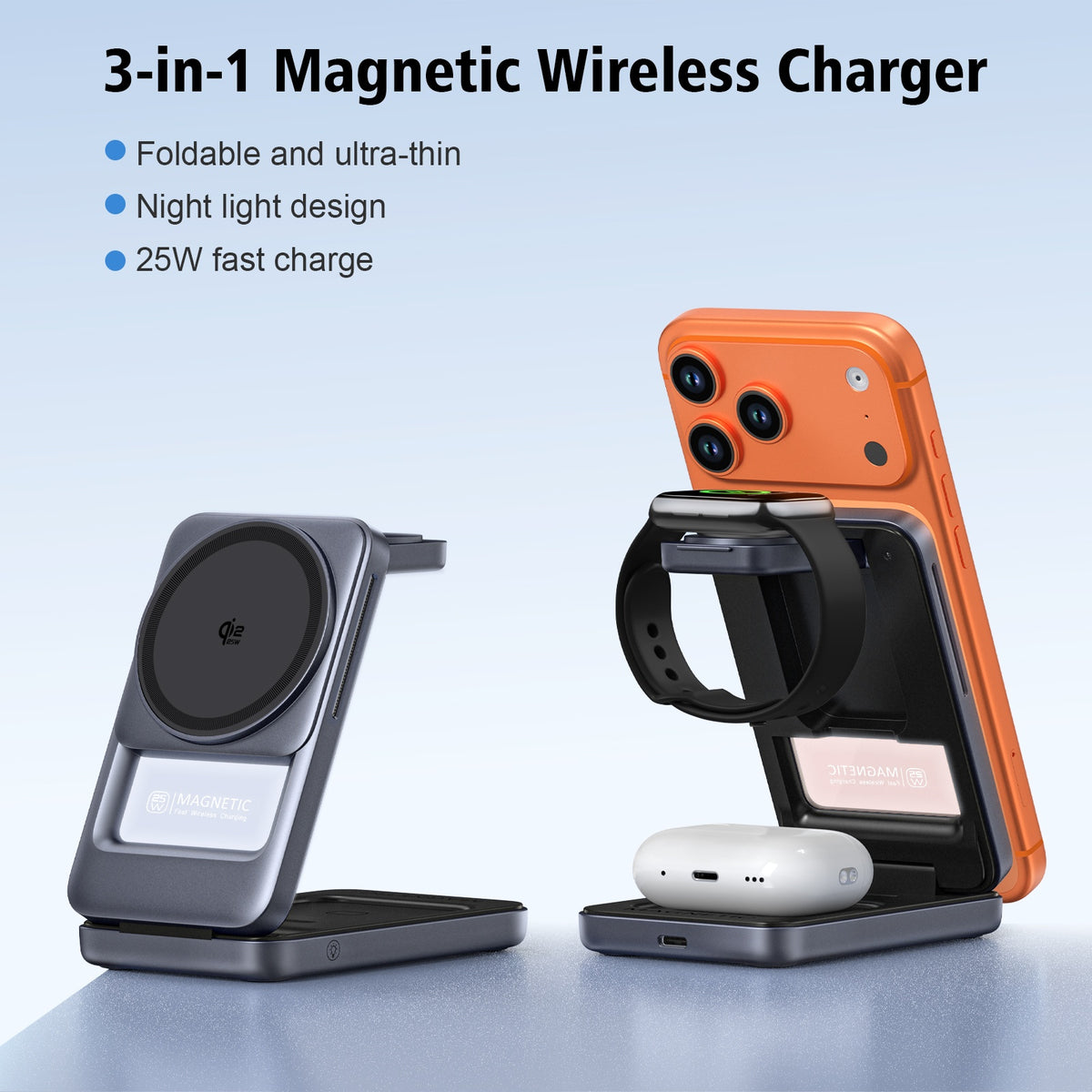 Q29 3-i-1 magnetisk trådløs oplader Qi2.2 25W hurtigopladning foldbar opladestation