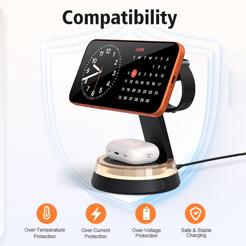Q36-A 3 in 1 Magnetic Wireless Charger Qi2.2 25W Fast Charging Desktop Stand for iPhone Apple Watch AirPods