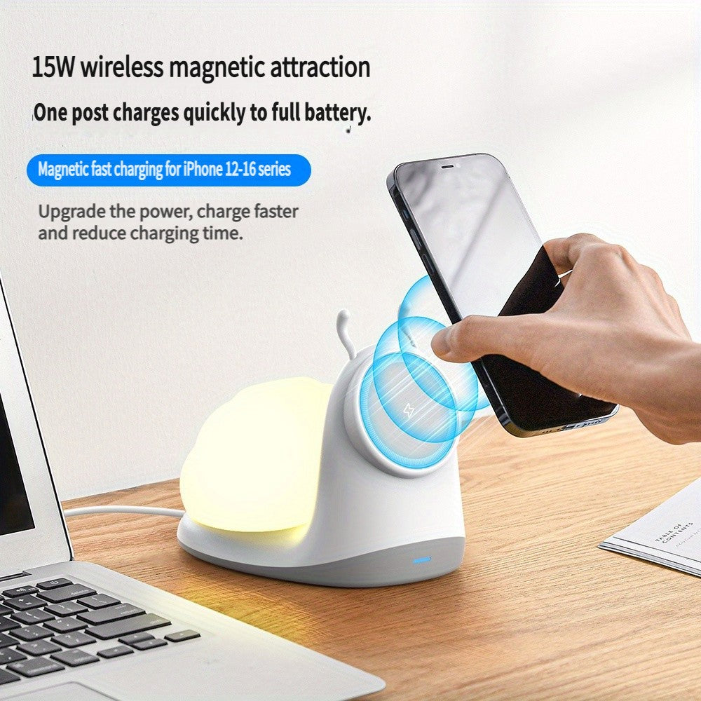 W11 Snegl Design Magnetisk Trådløs Oplader 15W Hurtig Opladningsstander med Natlys