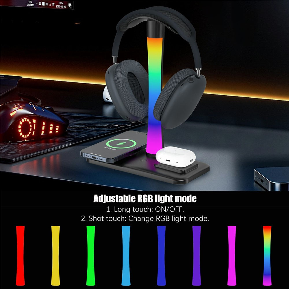 D9 Headphone Stand 15W Wireless Charging RGB Ambient Light Charging Dock for Gaming Desktop