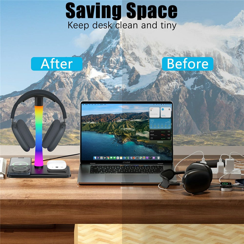 D9 Hovedtelefonholder 15W Trådløs Opladning RGB Stemningslys Opladningsdock til Gaming Desktop