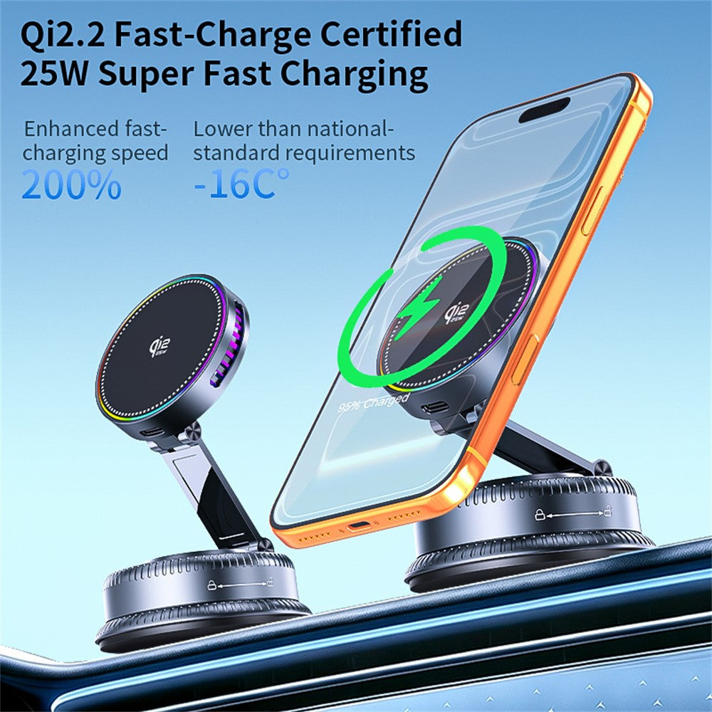 K33D Vacuum Adsorption Car Phone Mount Qi2.2 25W Wireless Fast Charging Air Cooled Magnetic Phone Holder