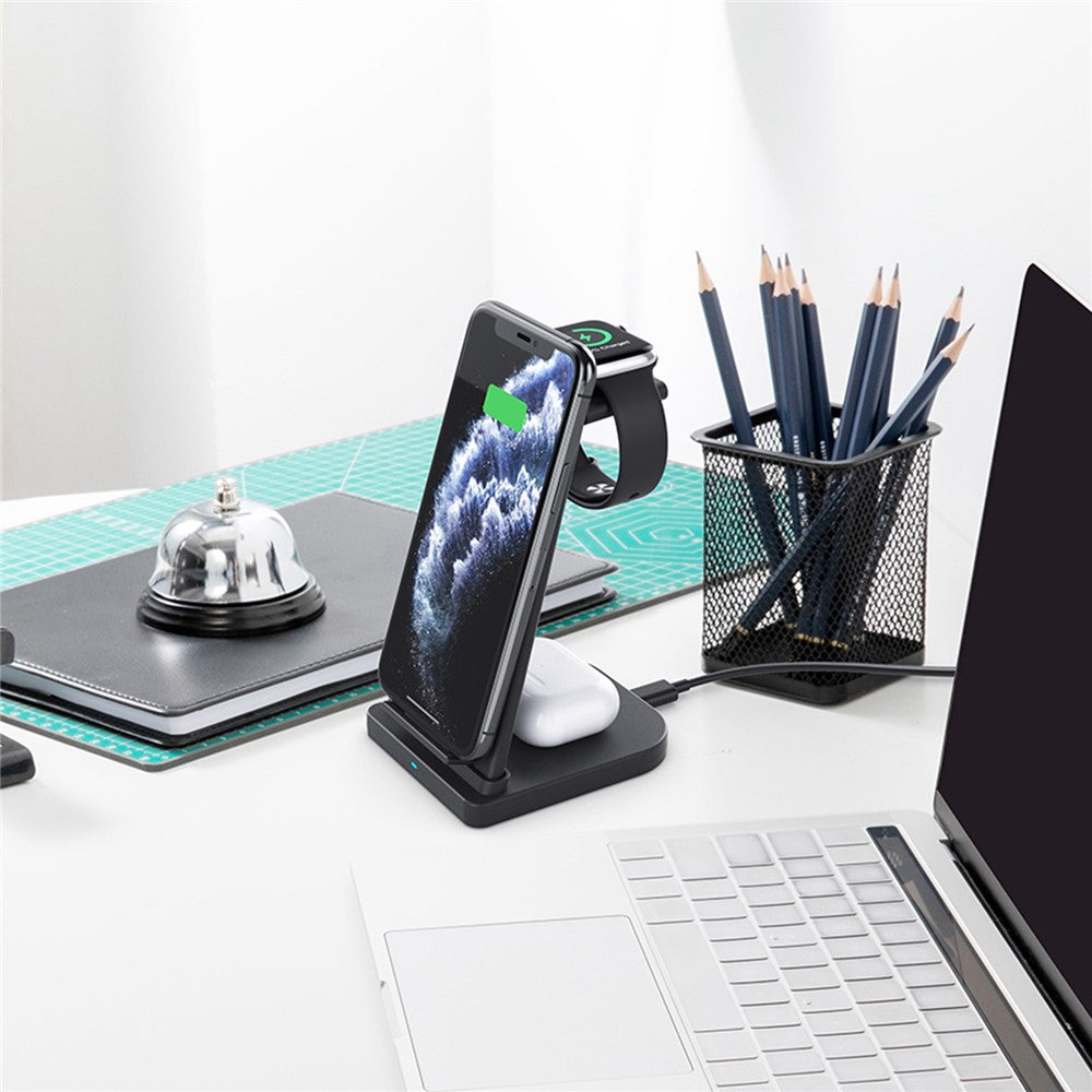 B-12 Universal Desktop Charger 3-in-1 15W Wireless Charging Folding Stand for Mobile Phone / Earphones / Smart Watch