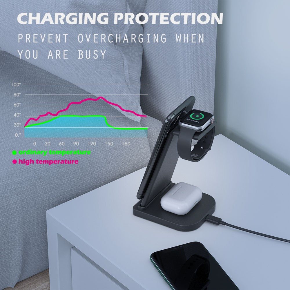 B-12 Universal Desktop Charger 3-in-1 15W Wireless Charging Folding Stand for Mobile Phone / Earphones / Smart Watch