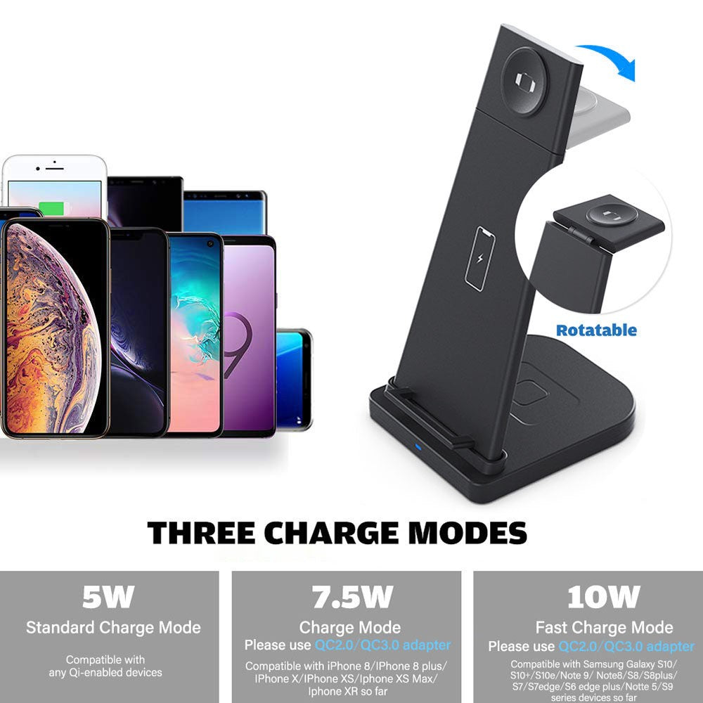 B-12 Universal Desktop Charger 3-in-1 15W Wireless Charging Folding Stand for Mobile Phone / Earphones / Smart Watch