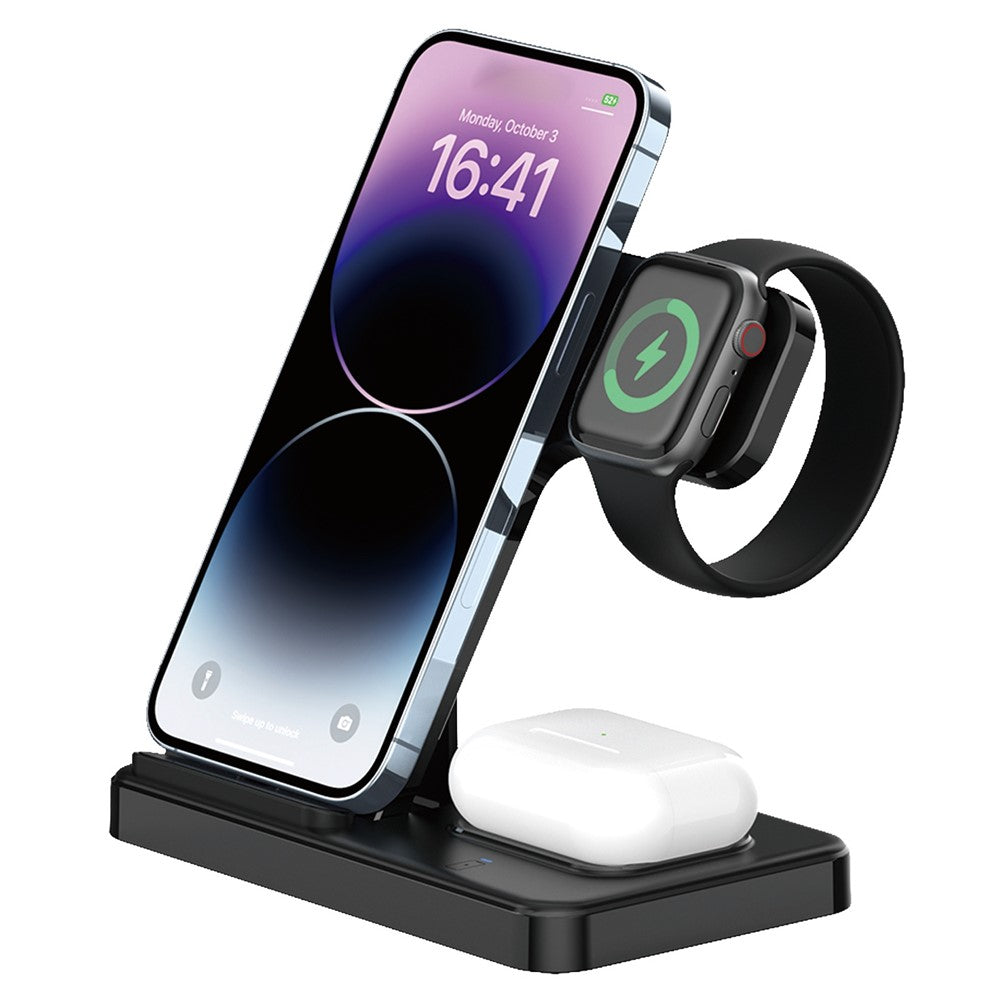 Z5G 3-i-1 15W Hurtig Trådløs Oplader Foldbar Opladningsstation til Qi-telefoner / Høretelefoner / iWatch