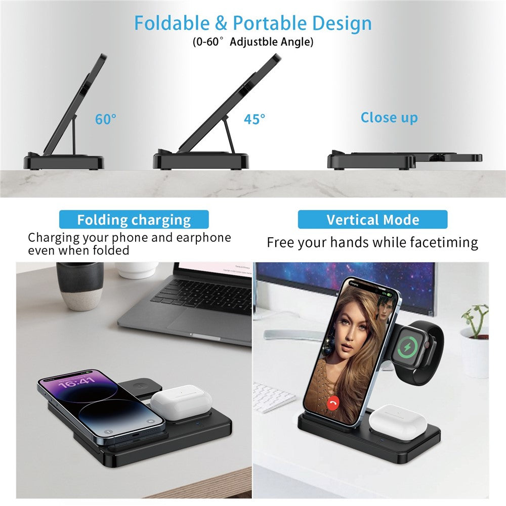 Z5G 3 i 1 15W snabb trådlös laddare hopfällbar laddningsstation för Qi-mobiler / hörlurar / iWatch