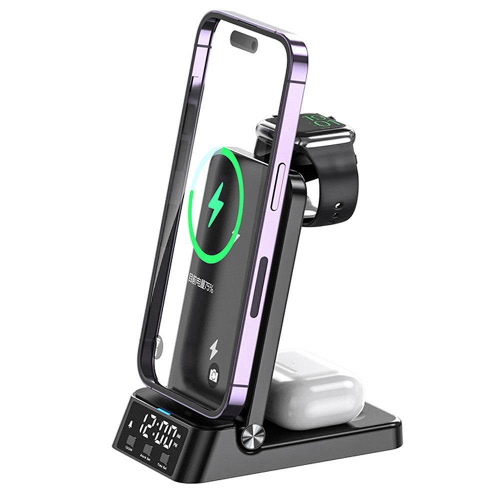 A60 4-in-1 15W Wireless Charger Folding Cell Phone Charging Stand Headset Smart Watch Charging Station with Clock (For Apple Watch Version)