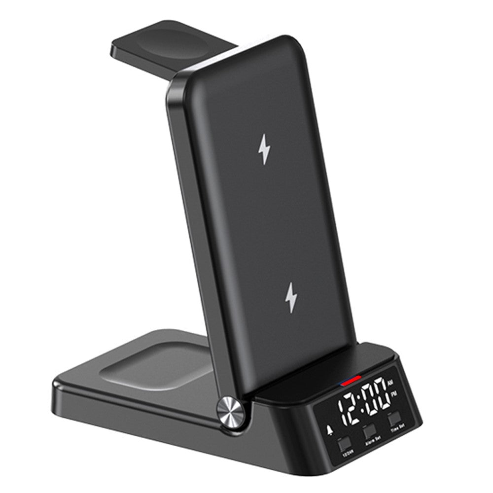 A60 4-in-1 15W Wireless Charger Folding Cell Phone Charging Stand Headset Smart Watch Charging Station with Clock (For Apple Watch Version)