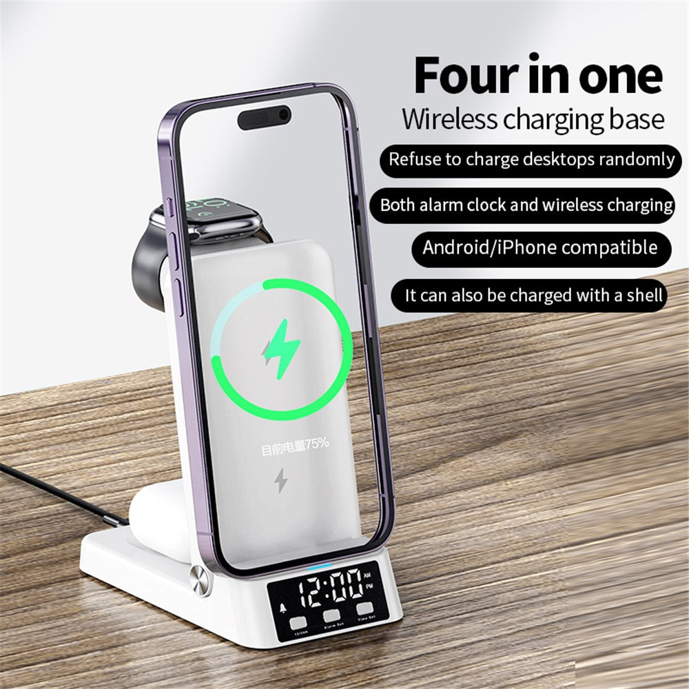 A60 4-in-1 15W Wireless Charger Folding Cell Phone Charging Stand Headset Smart Watch Charging Station with Clock (For Apple Watch Version)