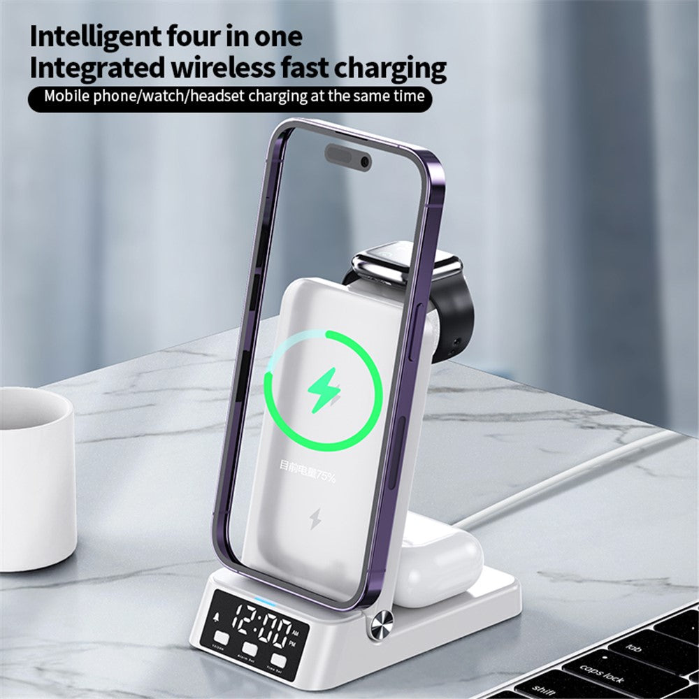 A60 4-in-1 15W Wireless Charger Folding Cell Phone Charging Stand Headset Smart Watch Charging Station with Clock (For Apple Watch Version)