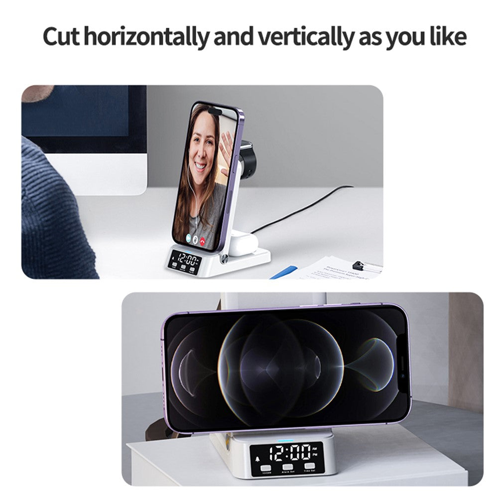A60 4-in-1 15W Wireless Charger Folding Cell Phone Charging Stand Headset Smart Watch Charging Station with Clock (For Apple Watch Version)
