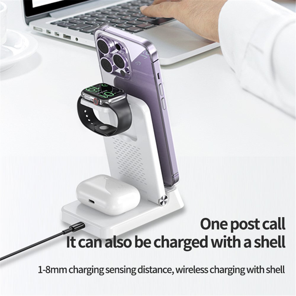 A60 4-in-1 15W Wireless Charger Folding Cell Phone Charging Stand Headset Smart Watch Charging Station with Clock (For Apple Watch Version)