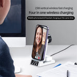 A60 4-in-1 15W Wireless Charger Folding Cell Phone Charging Stand Headset Smart Watch Charging Station with Clock (For Apple Watch Version)