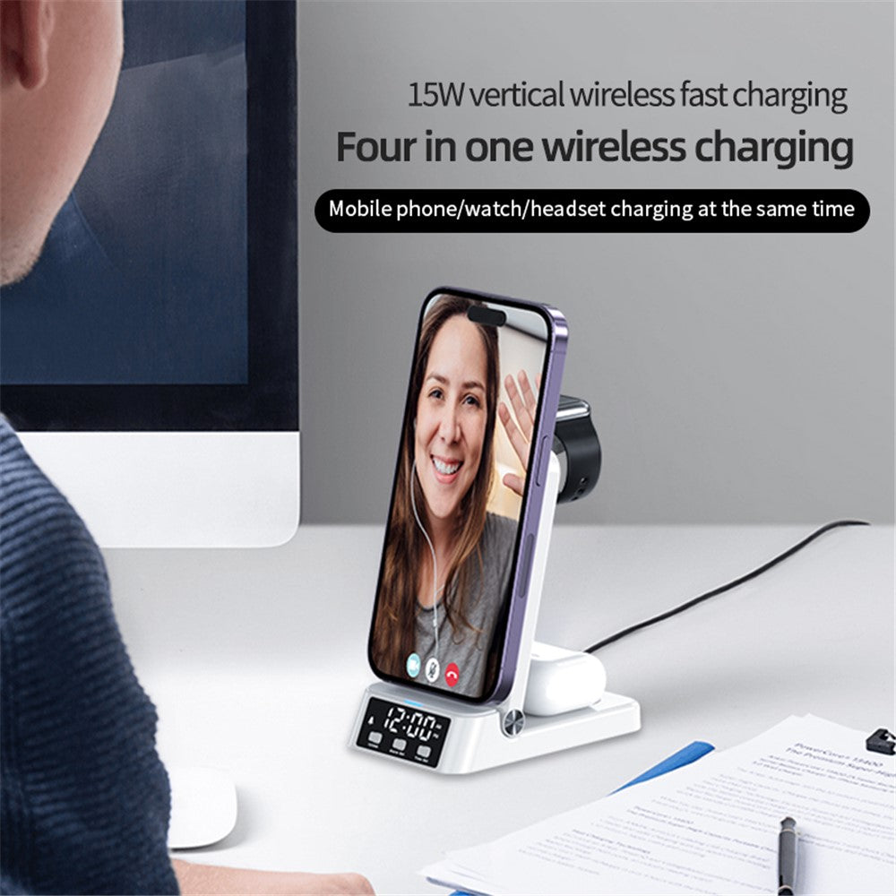 A60 4-in-1 15W Wireless Charger Folding Cell Phone Charging Stand Headset Smart Watch Charging Station with Clock (For Apple Watch Version)