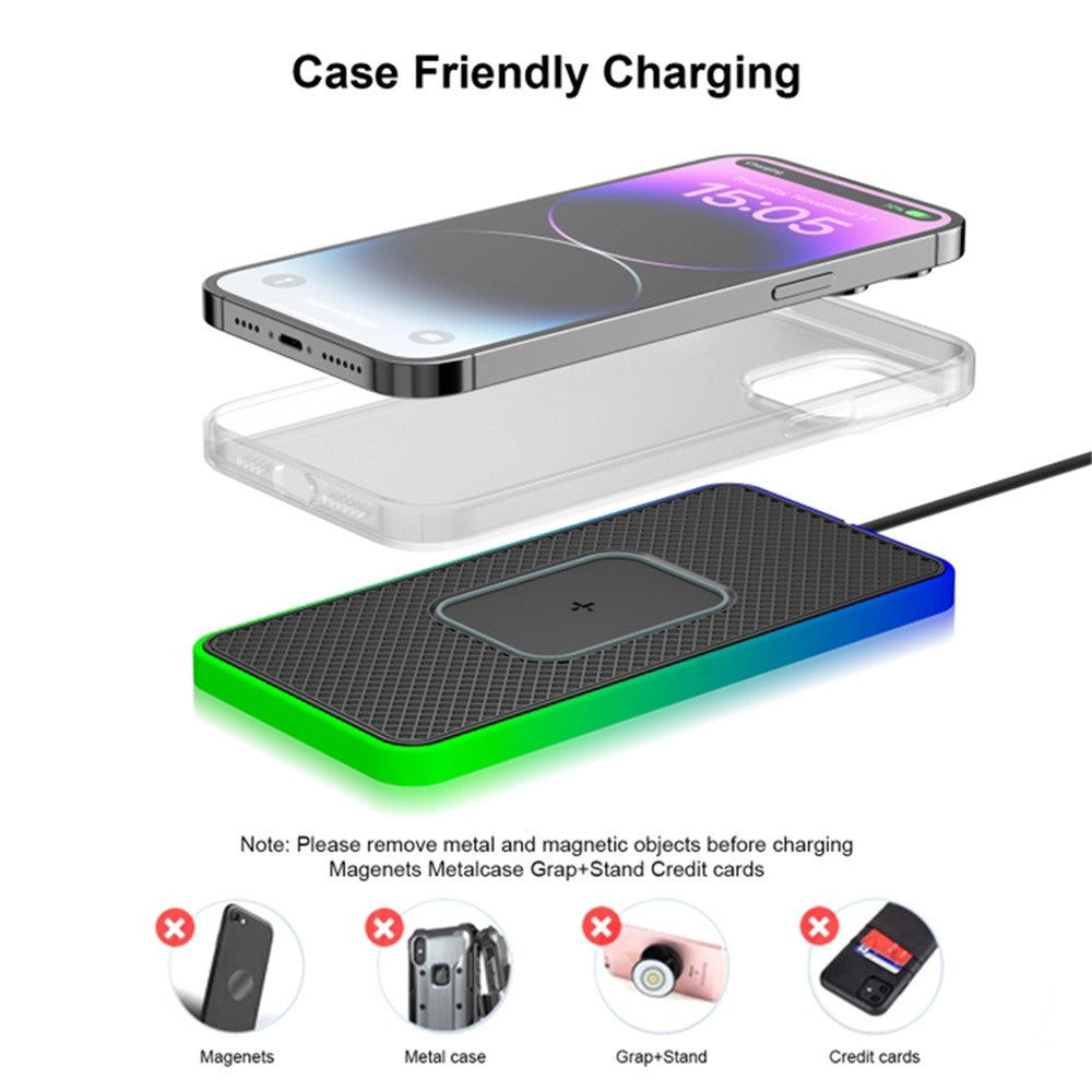 Qi Wireless Charger Phone Charging Pad Auto SUV Ambient Light Design Non-Slip Mat with 0.3m Type-C Cable