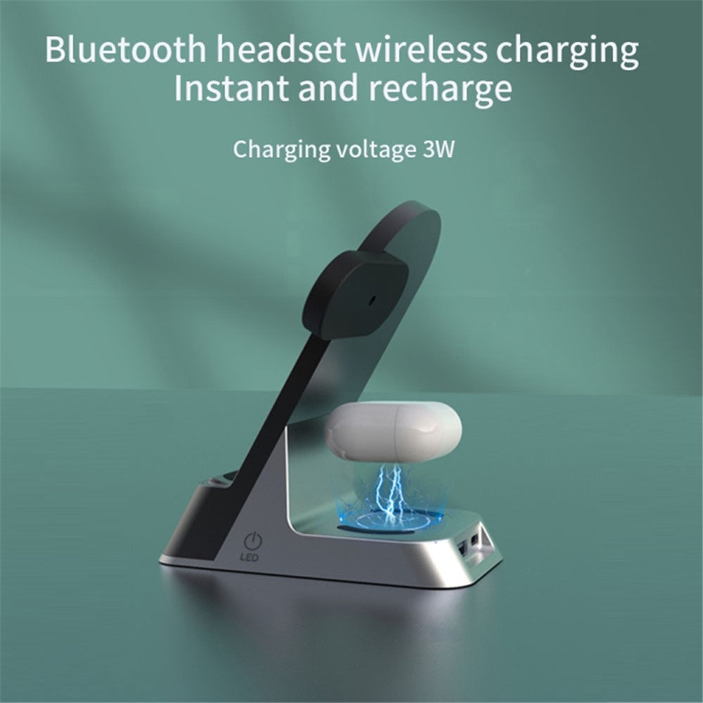 H35 6-in-1 Magnetic Wireless Charging Station ABS+Tempered Glass 15W Fast Charger Stand with Alarm Clock for Phone / Watch / Earphones