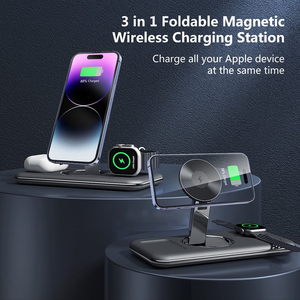V18 3-in-1 Magnetic Wireless Charger Folding Cell Phone Charging Stand for Earbuds, Smart Watch