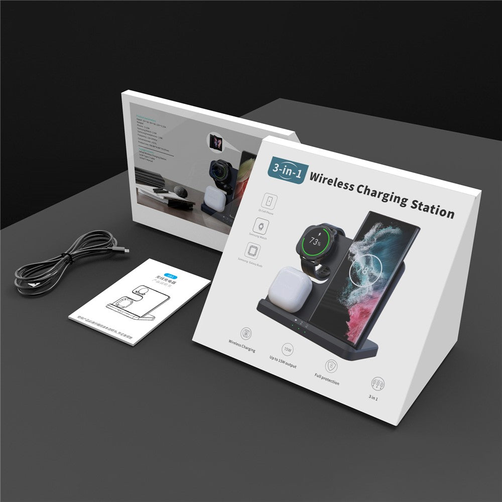 GY-Q10B 3 in 1 Wireless Charging Station 15W Fast Charger Stand for Samsung Galaxy Watch / Qi-enabled Phone / Earbuds