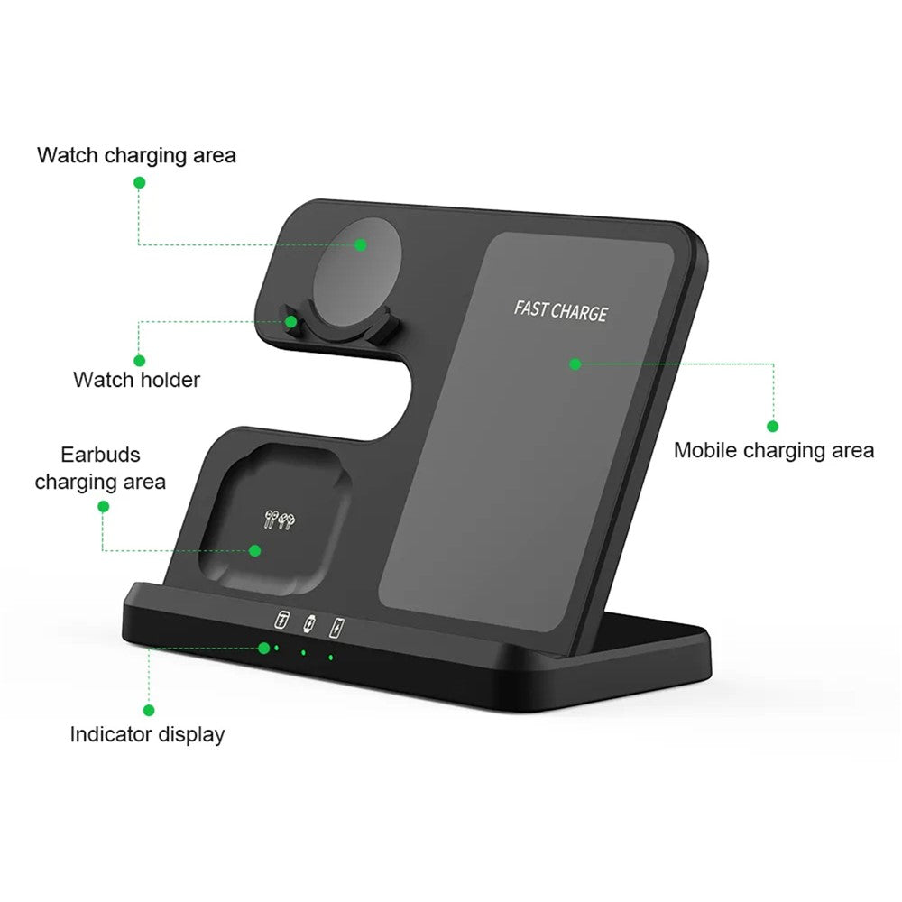 GY-Q10B 3 in 1 Wireless Charging Station 15W Fast Charger Stand for Samsung Galaxy Watch / Qi-enabled Phone / Earbuds