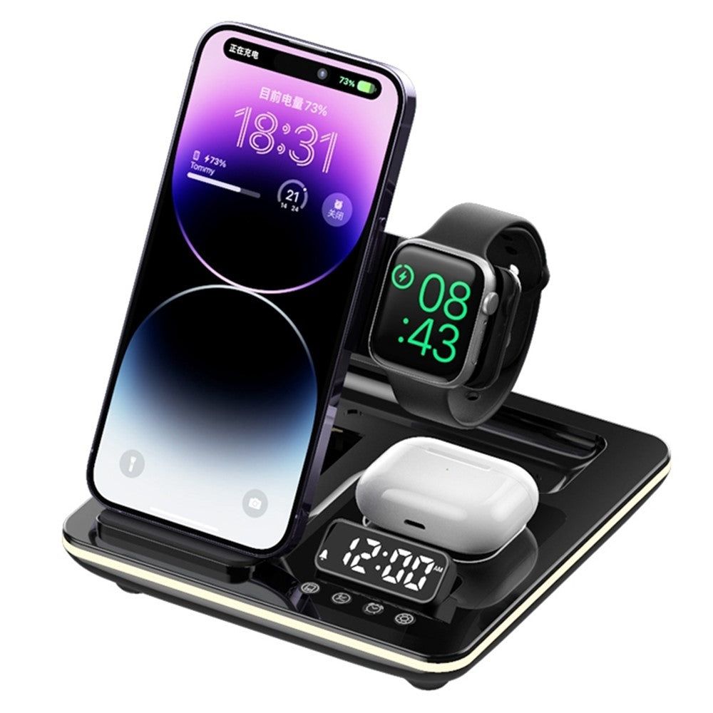 A93 15W 5-i-1 Multi-funktionel Sammenklappelig Trådløs Oplader Mobiltelefon Opladestation med Ur til Headset Smartwatch