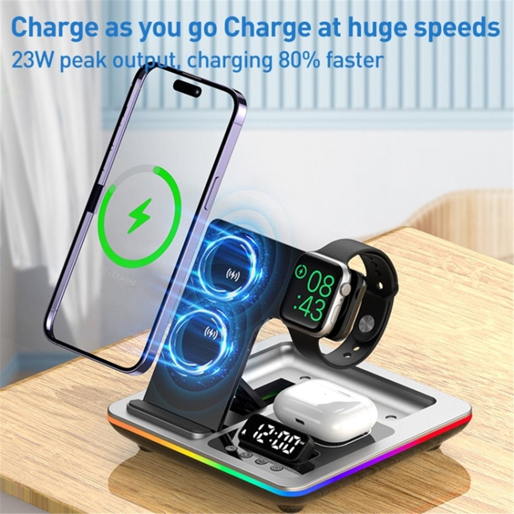 A93 15W 5-i-1 Multi-funktionel Sammenklappelig Trådløs Oplader Mobiltelefon Opladestation med Ur til Headset Smartwatch