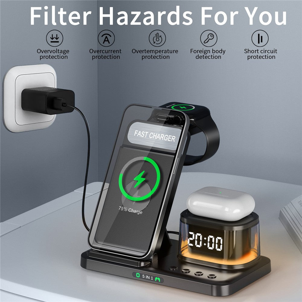 HYY-H33 5 in 1 15W Wireless Charger Folding Charging Station with Night Light