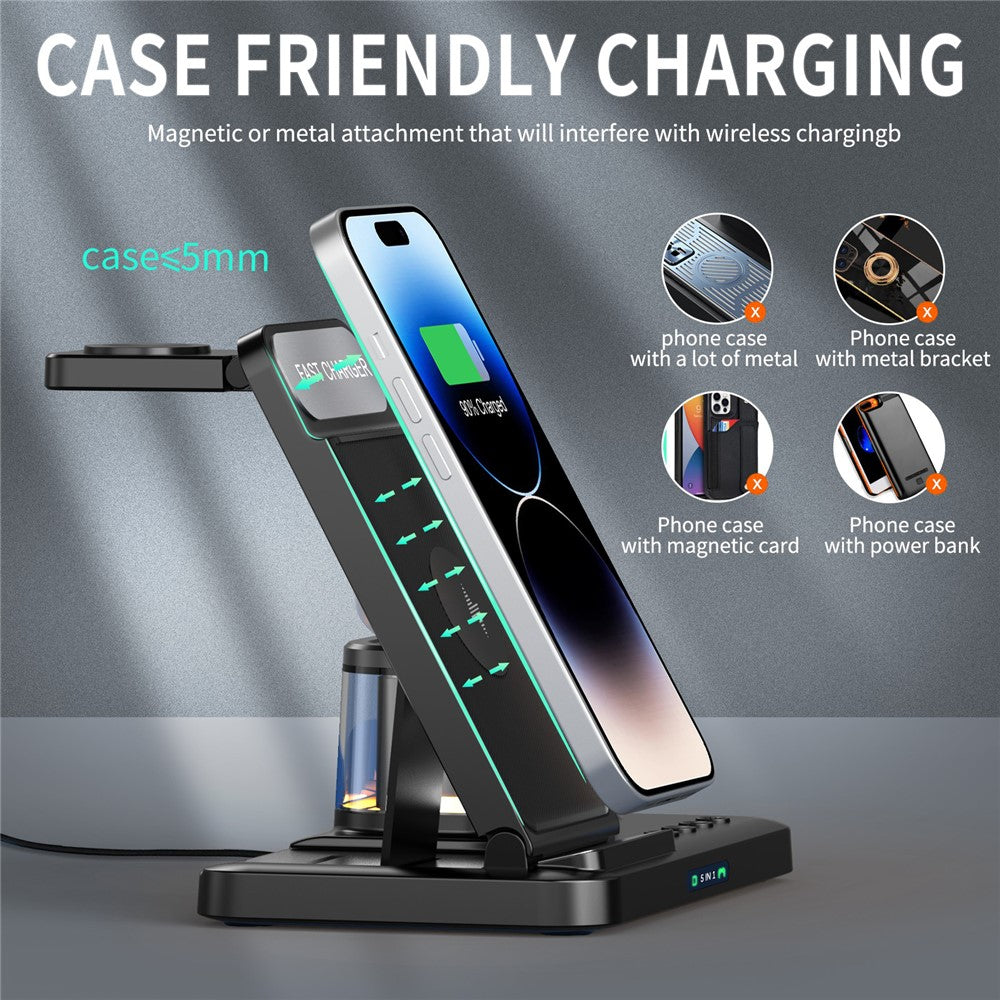 HYY-H33 5 in 1 15W Wireless Charger Folding Charging Station with Night Light