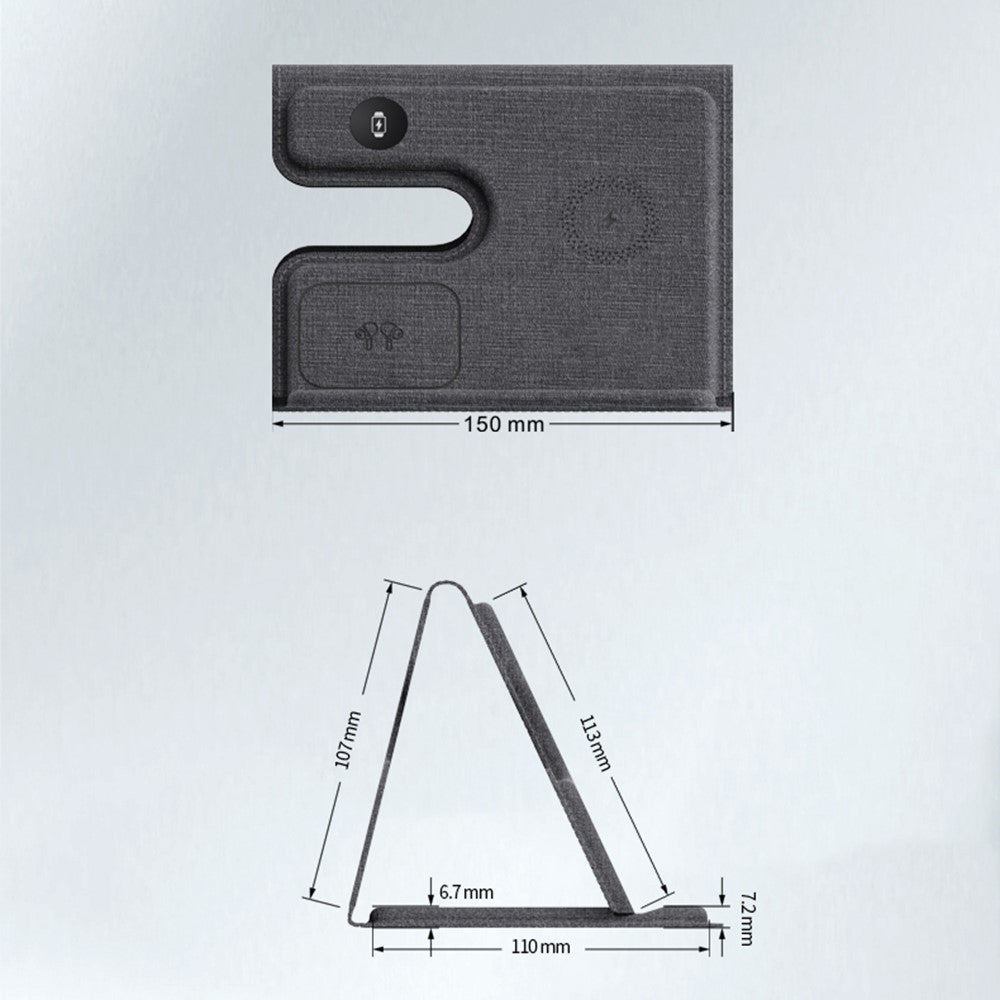 GY-17AIR 3-i-1 PU Læder Sammenfoldelig Trådløs Oplader Telefon Ur Høretelefon Opladningsstander