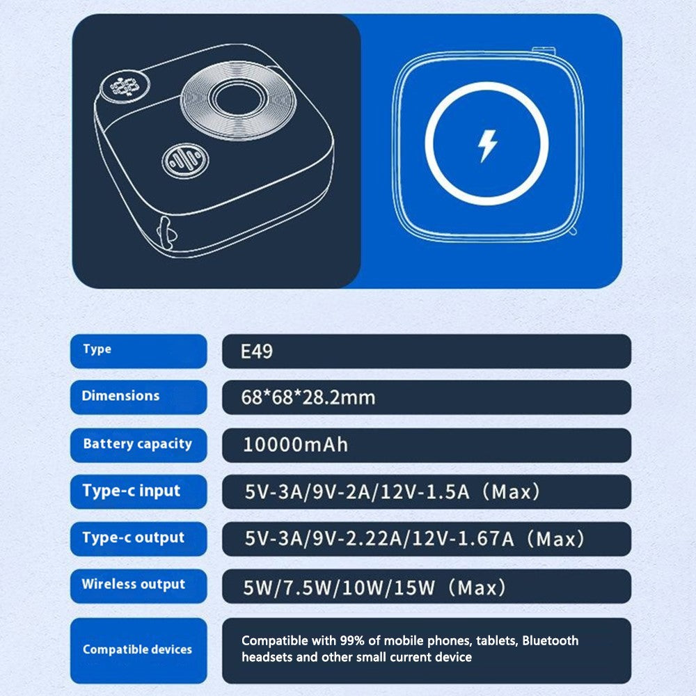 E49 10000mAh Power Bank Camera-Shaped Magnetic Wireless Charger Phone External Battery Pack