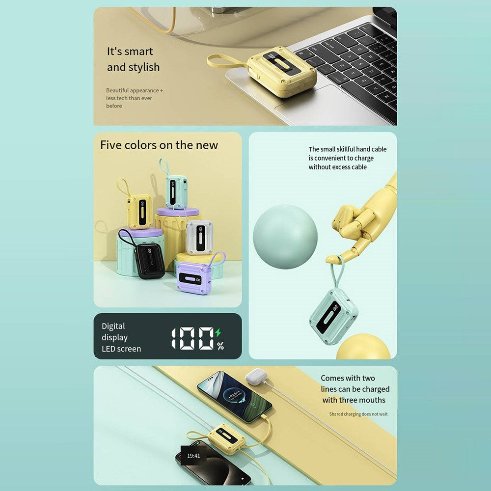 K33 10000mAh Powerbank med indbygget Type-C + 8-benet kabel, hurtig bærbar telefonoplader
