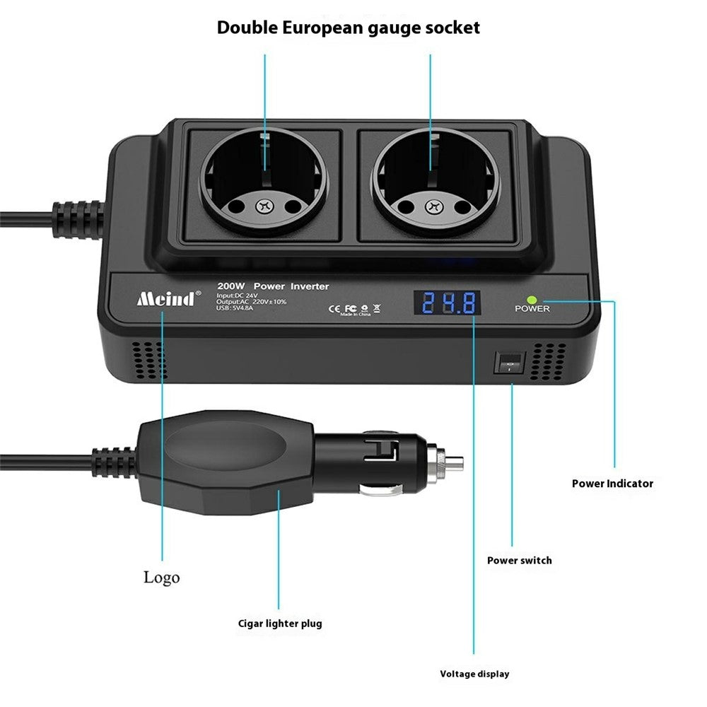 MEIND M8300 24V to 220V High Power 200W Car Inverter with Dual EU Power Socket + 4 USB Ports